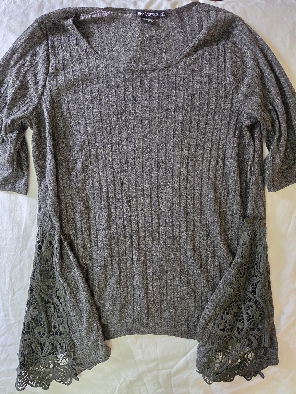 Miss Chievous Heather Gray Ribbed Knit Crochet Lace Trim Tunic Top Large